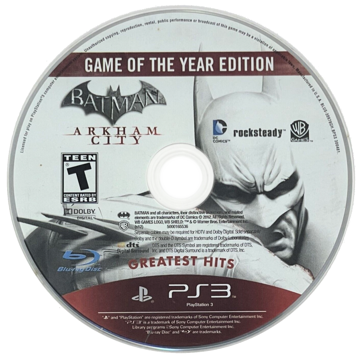 Batman Arkham City Game of the Year Edition Greatest Hits PlayStation 3 PS3 video game featuring Batman action adventure gameplay open world exploration stealth combat missions Gotham City villains and iconic DC Comics characters retro video game PlayStation 3 collection collectible gaming appeal game disc