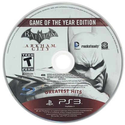Batman Arkham City Game of the Year Edition Greatest Hits PlayStation 3 PS3 video game featuring Batman action adventure gameplay open world exploration stealth combat missions Gotham City villains and iconic DC Comics characters retro video game PlayStation 3 collection collectible gaming appeal game disc