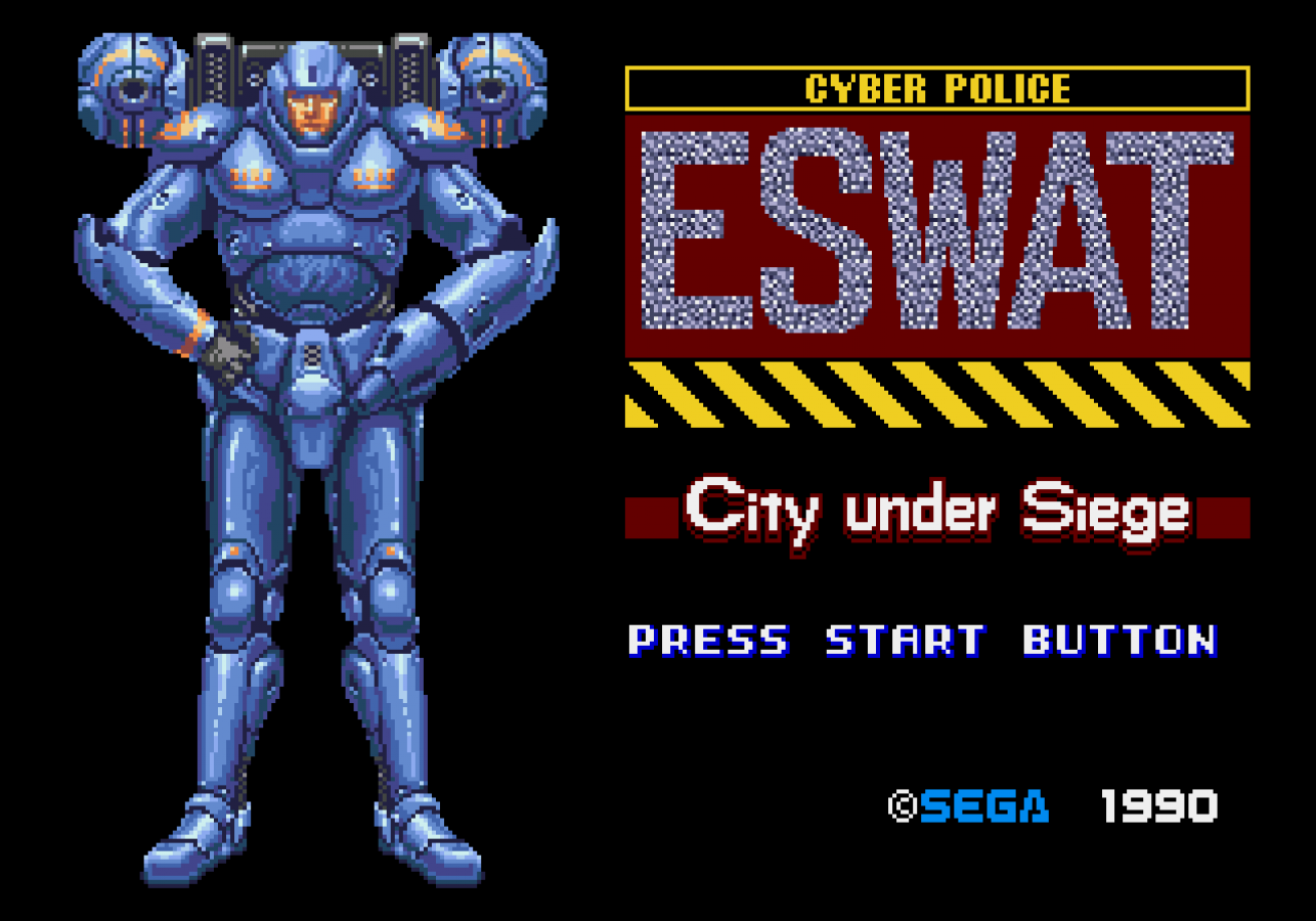 ESWAT City Under Siege Sega Genesis GEN for retro video game enthusiasts featuring side scrolling action platforming gameplay futuristic law enforcement missions cybernetic armor upgrades intense shooting combat sci fi adventure and collectible gaming appeal gameplay