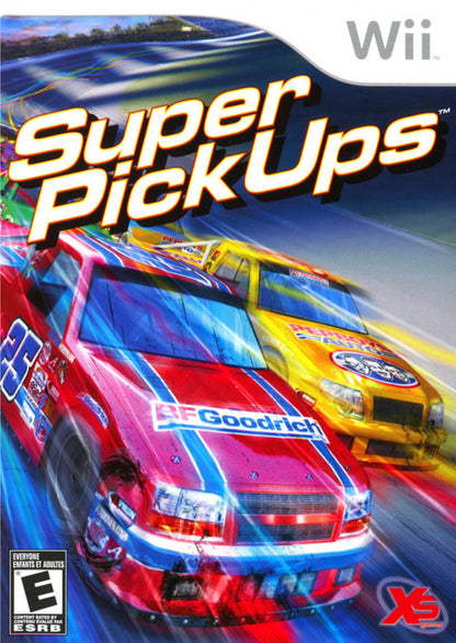 Super Pickups Nintendo Wii for off road racing video game fans featuring pickup truck driving rugged terrain racing events vehicle customization challenging tracks arcade style gameplay stunt action and multiplayer competition collectible gaming appeal cover art