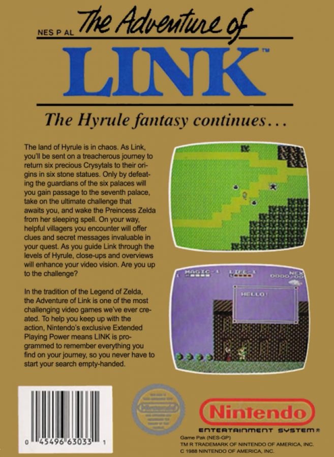 The Legend of Zelda II: Adventure of Link back of box for Nintendo Entertainment System (NES) retro video game
