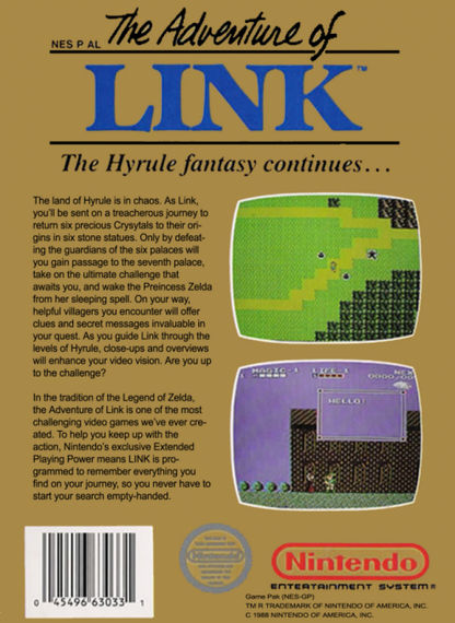 The Legend of Zelda II: Adventure of Link back of box for Nintendo Entertainment System (NES) retro video game
