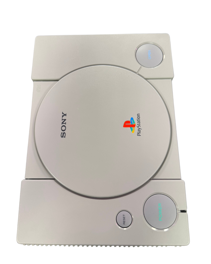 Top down vertical view of a classic Sony PlayStation 1 console showing the disc lid, power and reset buttons, and logo.