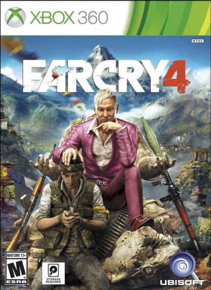 Far Cry 4 Xbox 360 open-world first-person shooter video game Ubisoft Kyrat Himalayas region Pagan Min villain Ajay Ghale protagonist elephant riding wing suit flying grappling hook co-op campaign online multiplayer outpost liberation tower climbing hunting crafting Shangri-La missions psychedelic sequences front cover