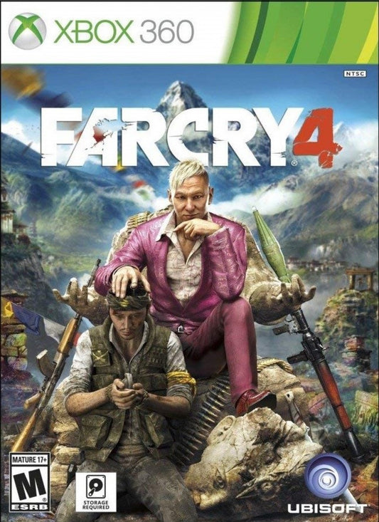 Far Cry 4 Xbox 360 open-world first-person shooter video game Ubisoft Kyrat Himalayas region Pagan Min villain Ajay Ghale protagonist elephant riding wing suit flying grappling hook co-op campaign online multiplayer outpost liberation tower climbing hunting crafting Shangri-La missions psychedelic sequences front cover