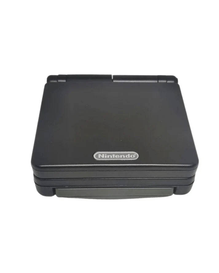 Game Boy Advance SP Onyx Black AGS 001 handheld console featuring a black clamshell design with frontlit screen rechargeable battery compact foldable form factor and compatibility with Game Boy Advance and Game Boy Color games
