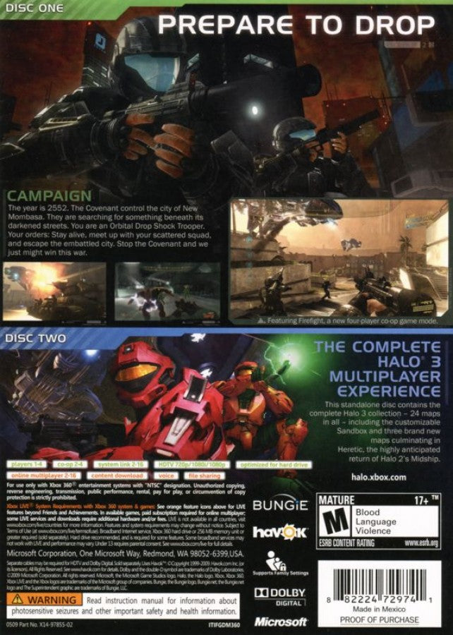 Halo 3: ODST back of box for Xbox 360 (X360) sci-fi first-person shooter video game