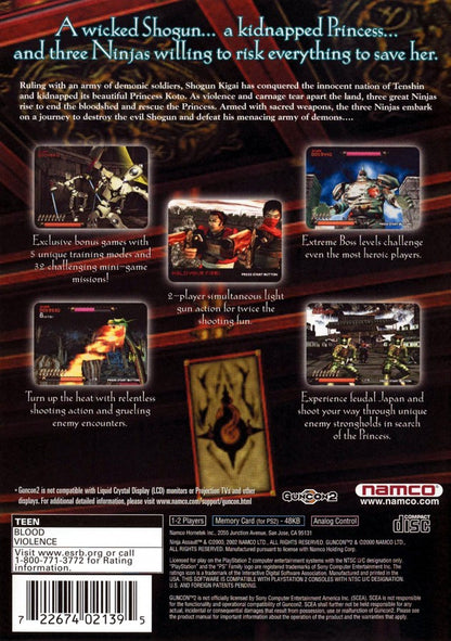 Ninja Assault PS2 Sony PlayStation 2 arcade light gun shooter Namco GunCon compatible ninja themed rail shooter fast paced target shooting mini game style action co op arcade gameplay retro gaming PlayStation 2 software video game title back cover art