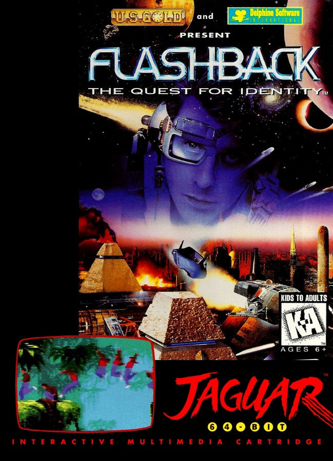 Flashback Atari Jaguar JAG for cinematic action adventure video game fans featuring Conrad B Hart futuristic science fiction environments platforming exploration shooting combat puzzle solving dangerous traps challenging levels and classic Atari Jaguar gameplay collectible retro gaming appeal front cover art