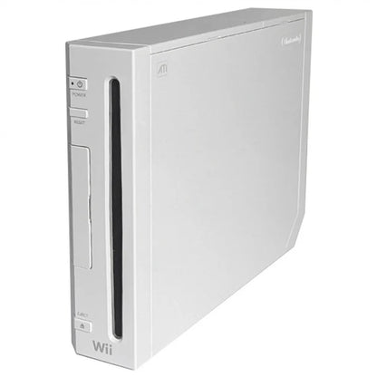 Front view of a white Nintendo Wii console showing power button, disc slot, and indicator light