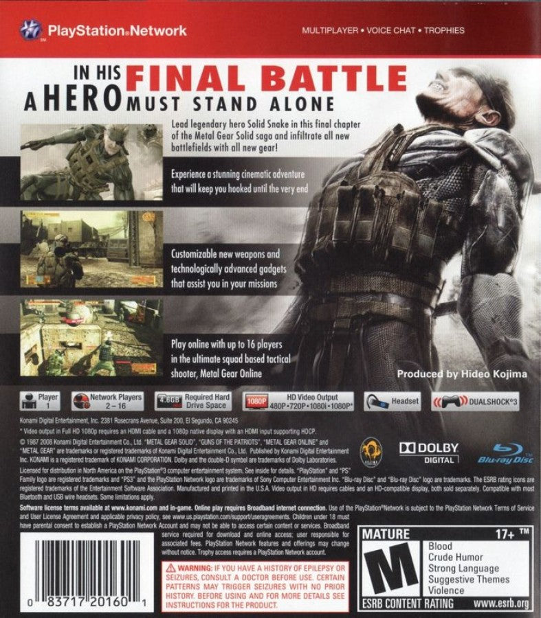 Metal Gear Solid 4 Guns of the Patriots Greatest Hits PlayStation 3 tactical espionage action stealth video game Solid Snake final mission Old Snake Drebin Points system Octocamo camouflage Metal Gear Mk II robot companion battlefield environment control Hideo Kojima conclusion epic storyline online multiplayer modes back cover
