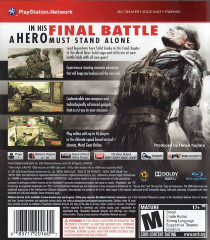 Metal Gear Solid 4 Guns of the Patriots Greatest Hits PlayStation 3 tactical espionage action stealth video game Solid Snake final mission Old Snake Drebin Points system Octocamo camouflage Metal Gear Mk II robot companion battlefield environment control Hideo Kojima conclusion epic storyline online multiplayer modes back cover