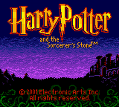 Harry Potter and the Sorcerers Stone Game Boy Color GBC action-RPG video game top-down perspective spell casting potion making puzzle solving platforming elements exploring Hogwarts collecting chocolate frogs main menu title screen