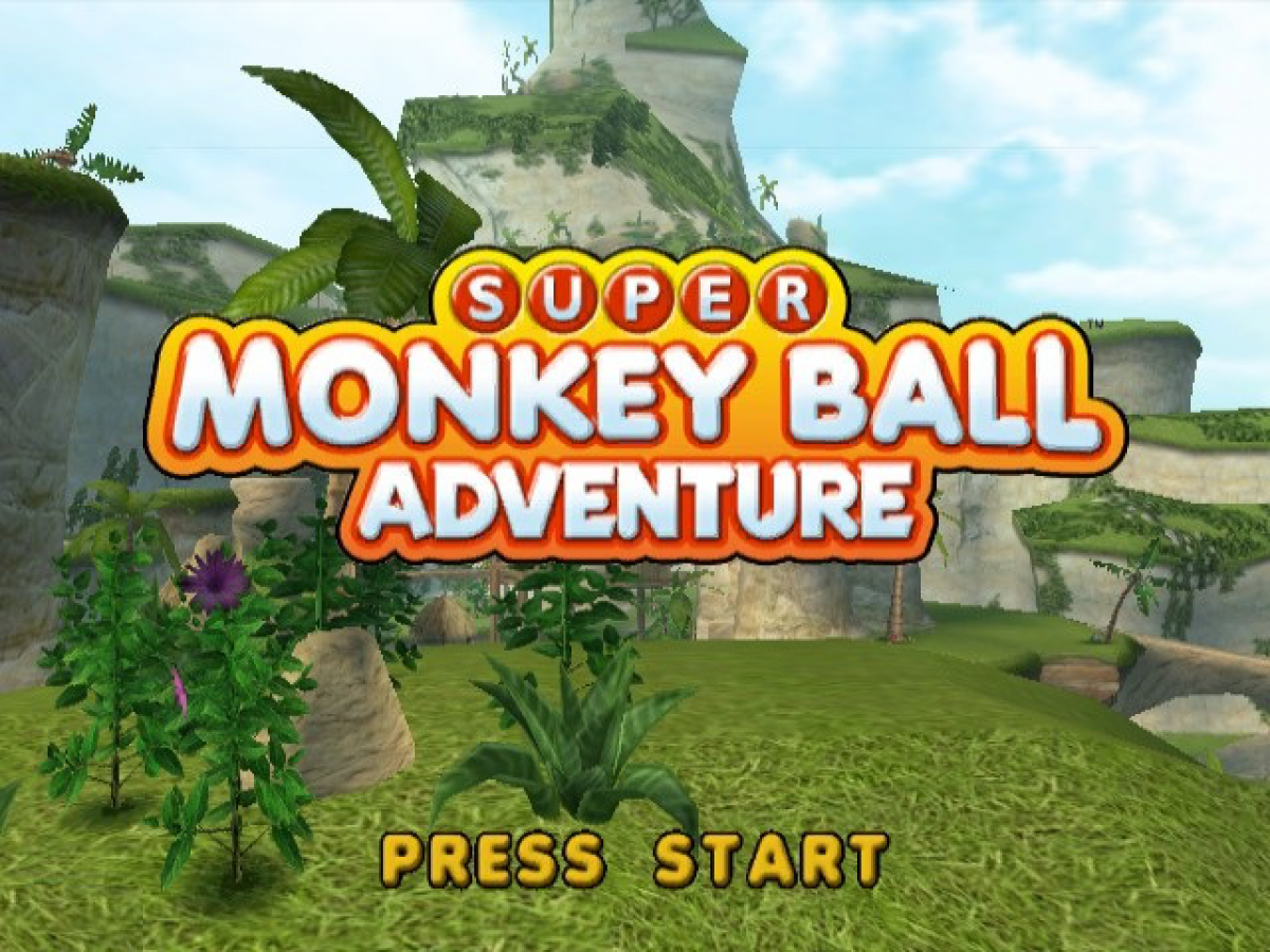 Super Monkey Ball Adventure title screen for GameCube game featuring action platforming gameplay with rolling challenges and open-world exploration 