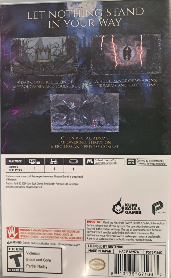 The Last Faith Nintendo Switch inspired design featuring dark gothic action platformer aesthetic haunting fantasy world brutal combat eldritch horrors atmospheric exploration intricate pixel art visuals challenging metroidvania gameplay presentation back cover 