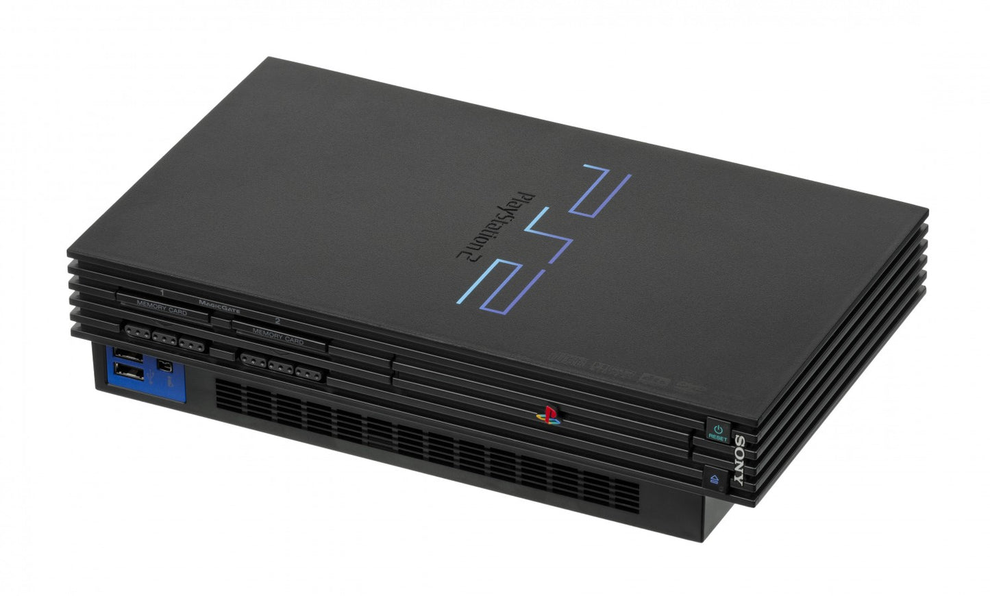Front view of a Sony PlayStation 2 console showing disc tray, power and reset buttons, controller ports, and memory card slots.