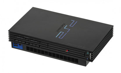 Front view of a Sony PlayStation 2 console showing disc tray, power and reset buttons, controller ports, and memory card slots.