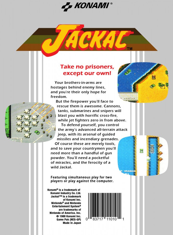 Jackal Nintendo Entertainment System NES video game featuring military action gameplay armed jeep combat enemy bases weapon upgrades explosive attacks challenging missions and classic 8 bit top down action retro video game collection collectible gaming appeal back cover art