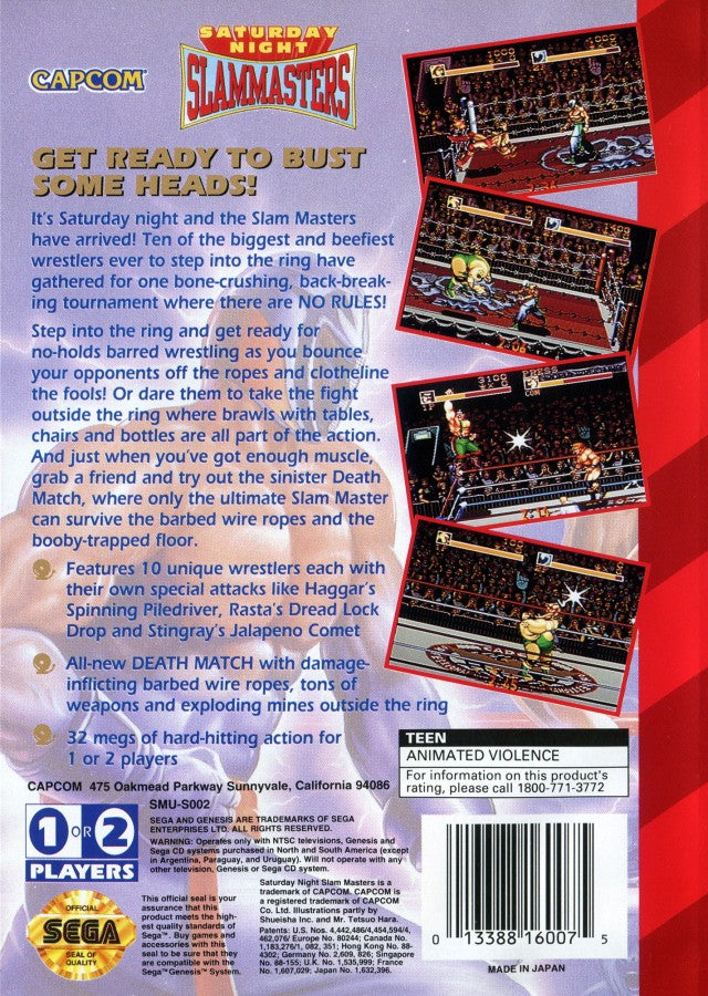 Saturday Night Slam Masters back cover art for Sega Genesis (GEN) video game