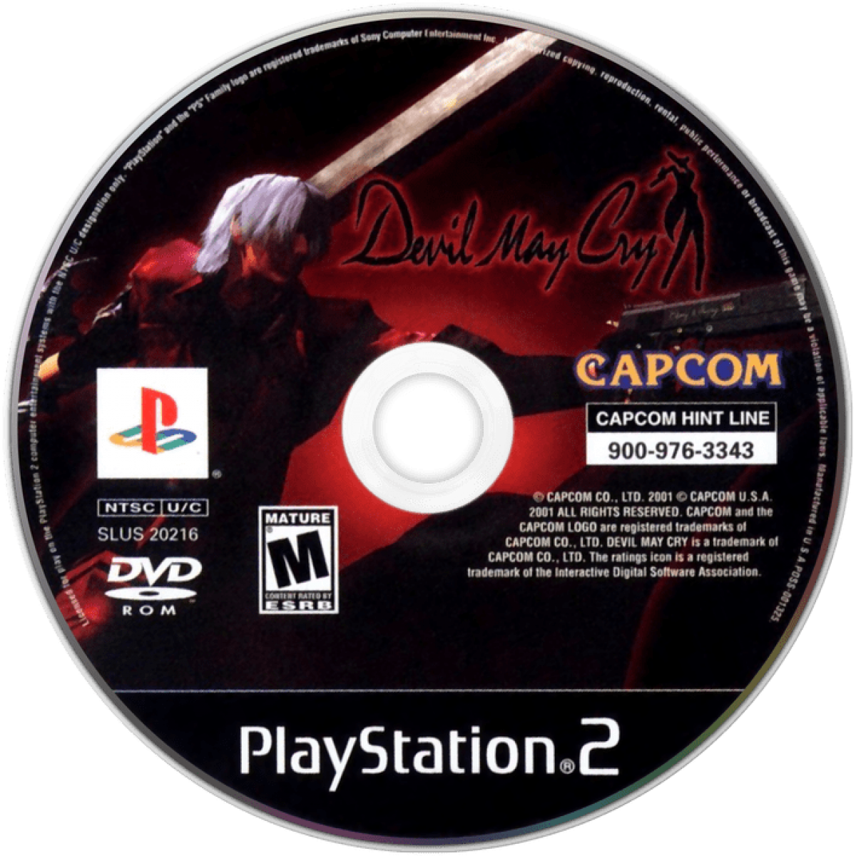 Devil May Cry game for the PlayStation 2 featuring stylish action hack and slash gameplay with fast paced combat platforming and a gothic story following Dante battling demons and supernatural enemies disc