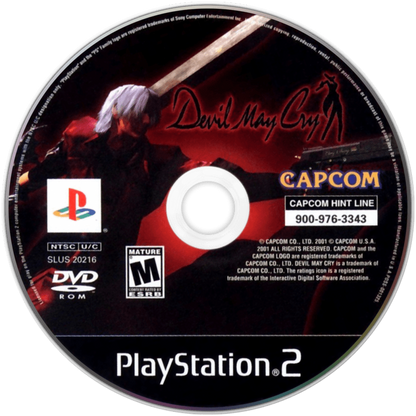 Devil May Cry game for the PlayStation 2 featuring stylish action hack and slash gameplay with fast paced combat platforming and a gothic story following Dante battling demons and supernatural enemies disc