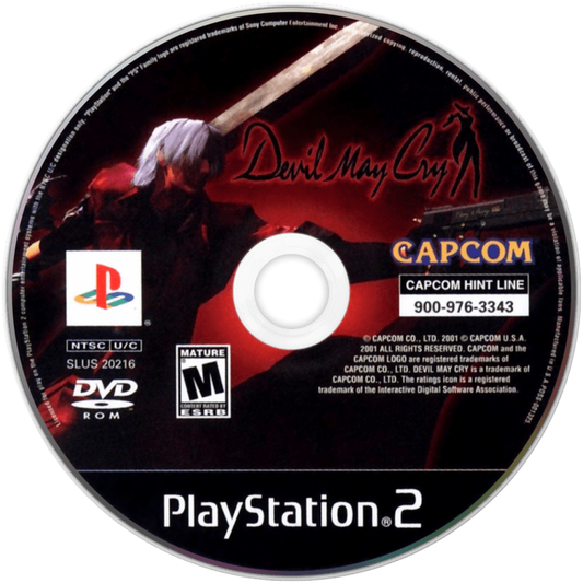 Devil May Cry game for the PlayStation 2 featuring stylish action hack and slash gameplay with fast paced combat platforming and a gothic story following Dante battling demons and supernatural enemies disc