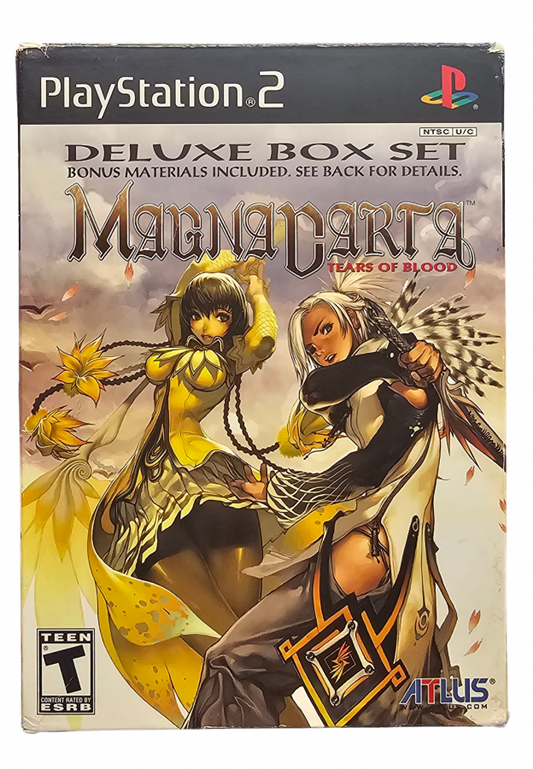 Magna Carta Tears of Blood PlayStation 2 PS2 role playing video game featuring fantasy adventure turn-based combat strategic battles character development magical abilities detailed environments challenging enemies story-driven gameplay and classic PlayStation 2 PS2 gaming collectible retro gaming appeal front box