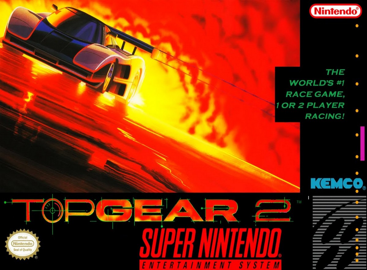 Top Gear 2 Super Nintendo Entertainment System SNES for arcade racing video game fans featuring high speed cars challenging tracks nitro boosts vehicle upgrades varied environments split screen multiplayer and fast paced classic racing gameplay collectible gaming appeal front cover art