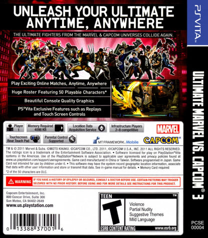 Ultimate Marvel vs Capcom 3 PlayStation Vita PS VITA back of case for retro video game enthusiasts featuring fast paced crossover fighting gameplay iconic Marvel and Capcom character roster combo heavy combat mechanics tag team battles colorful arcade style visuals and portable competitive fighting game experience and collectible gaming appeal