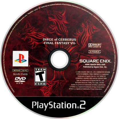 Dirge of Cerberus Final Fantasy VII PS2 Sony PlayStation 2 third person shooter action RPG Final Fantasy VII spin off Vincent Valentine gun combat sci fi fantasy storyline Square Enix cinematic gameplay retro gaming PlayStation 2 software video game title disc