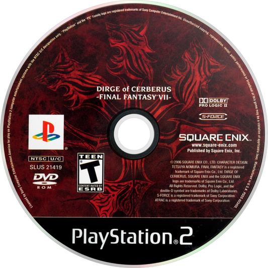 Dirge of Cerberus Final Fantasy VII PS2 Sony PlayStation 2 third person shooter action RPG Final Fantasy VII spin off Vincent Valentine gun combat sci fi fantasy storyline Square Enix cinematic gameplay retro gaming PlayStation 2 software video game title disc