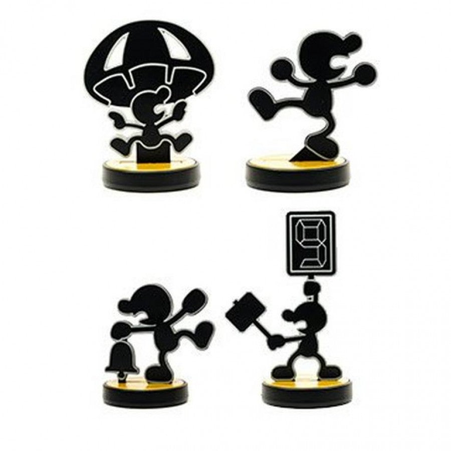 Game & Watch Amiibo Super Smash Bros Nintendo Amiibo collectible figure featuring the classic Game & Watch character detailed flat 2D design Super Smash Bros styling interchangeable poses NFC functionality compatible Nintendo games Amiibo collection display collectible and gaming accessory appeal