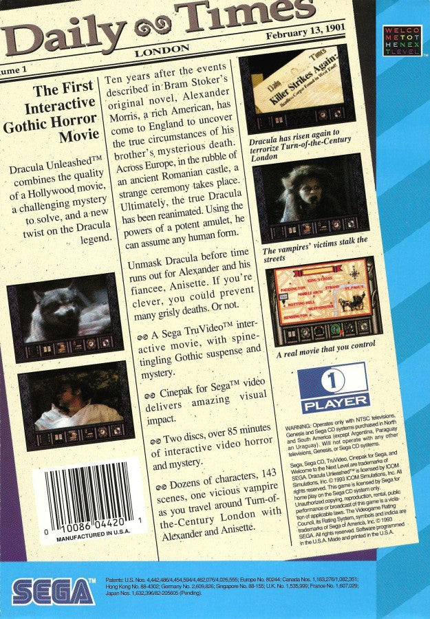 Dracula Unleashed back of case for Sega CD (SCD) interactive movie horror video game