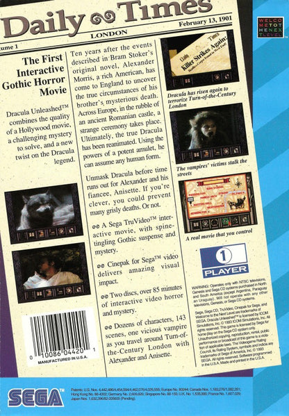 Dracula Unleashed back of case for Sega CD (SCD) interactive movie horror video game