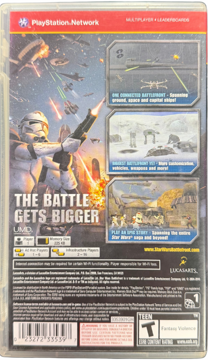 Star Wars Battlefront Elite Squadron Greatest Hits PlayStation Portable PSP for action shooter video game fans featuring large scale Star Wars battles space and ground combat customizable characters multiplayer gameplay iconic vehicles cinematic missions Rebel and Imperial warfare collectible gaming appeal back cover art