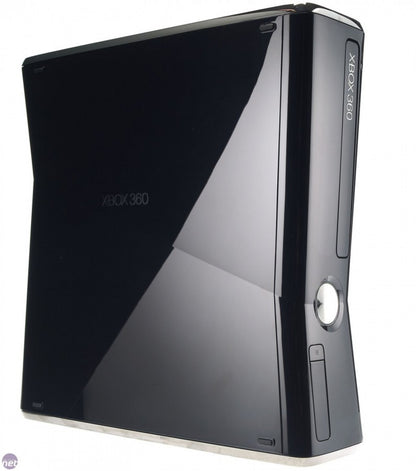 Xbox 360 Slim console system 250GB, Xbox 360 S model, Microsoft gaming console, built-in Wi-Fi, home entertainment system front left shine shot with xbox 360 on side
