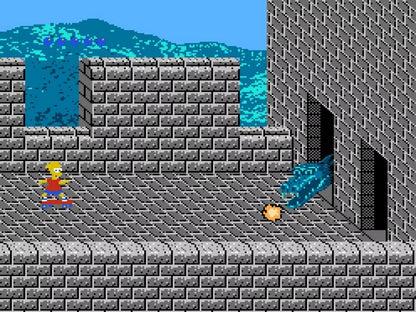 The Simpsons: Bart vs. the World cartridge for the Nintendo Entertainment System featuring Bart Simpson traveling the globe in a colorful 8 bit side scrolling adventure based on the classic animated series gameplay