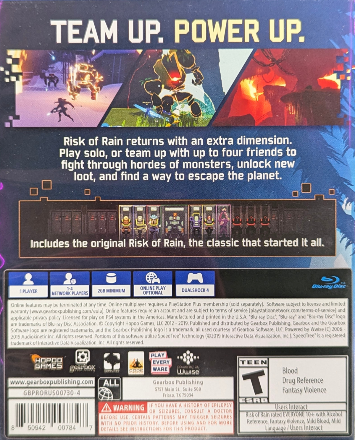 Risk of Rain 2 for PlayStation 4 (PS4) at Gamers INC, featuring frantic co-op roguelike action in full 3D where you battle escalating hordes, stack outrageous item combos, and fight to survive on a mysterious alien planet with endlessly scaling difficulty back cover