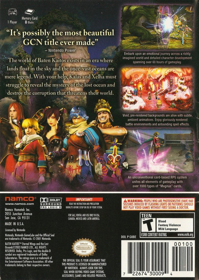 Baten Kaitos Eternal Wings and the Lost Ocean back cover art for GameCube game featuring card-based JRPG gameplay and epic fantasy storytelling 