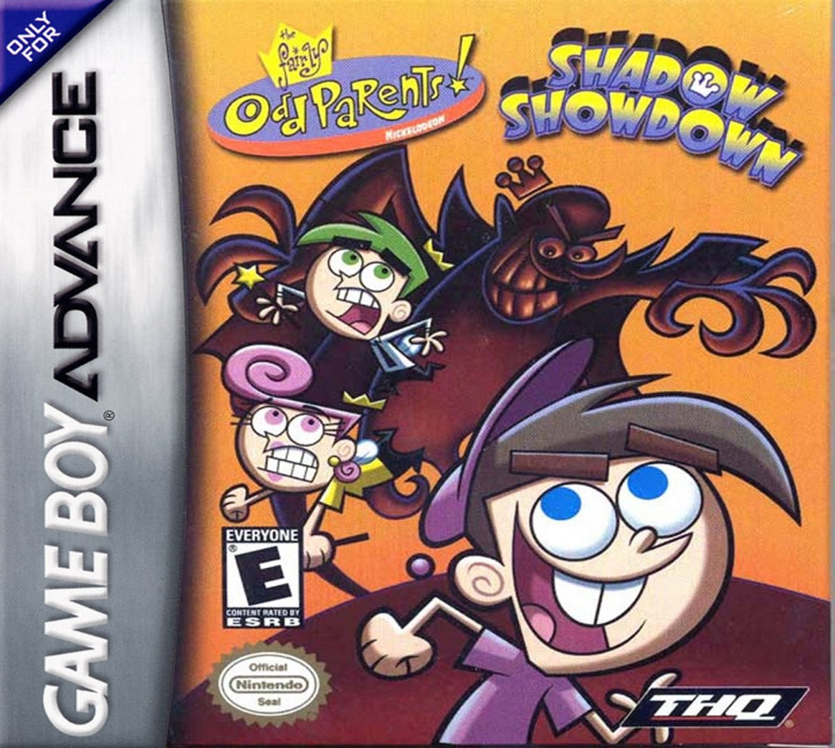 The Fairly OddParents Shadow Showdown for Game Boy Advance, cover image for a retro video game featuring side-scrolling platforming gameplay, magical abilities, cartoon-style action, and character-based adventure challenges