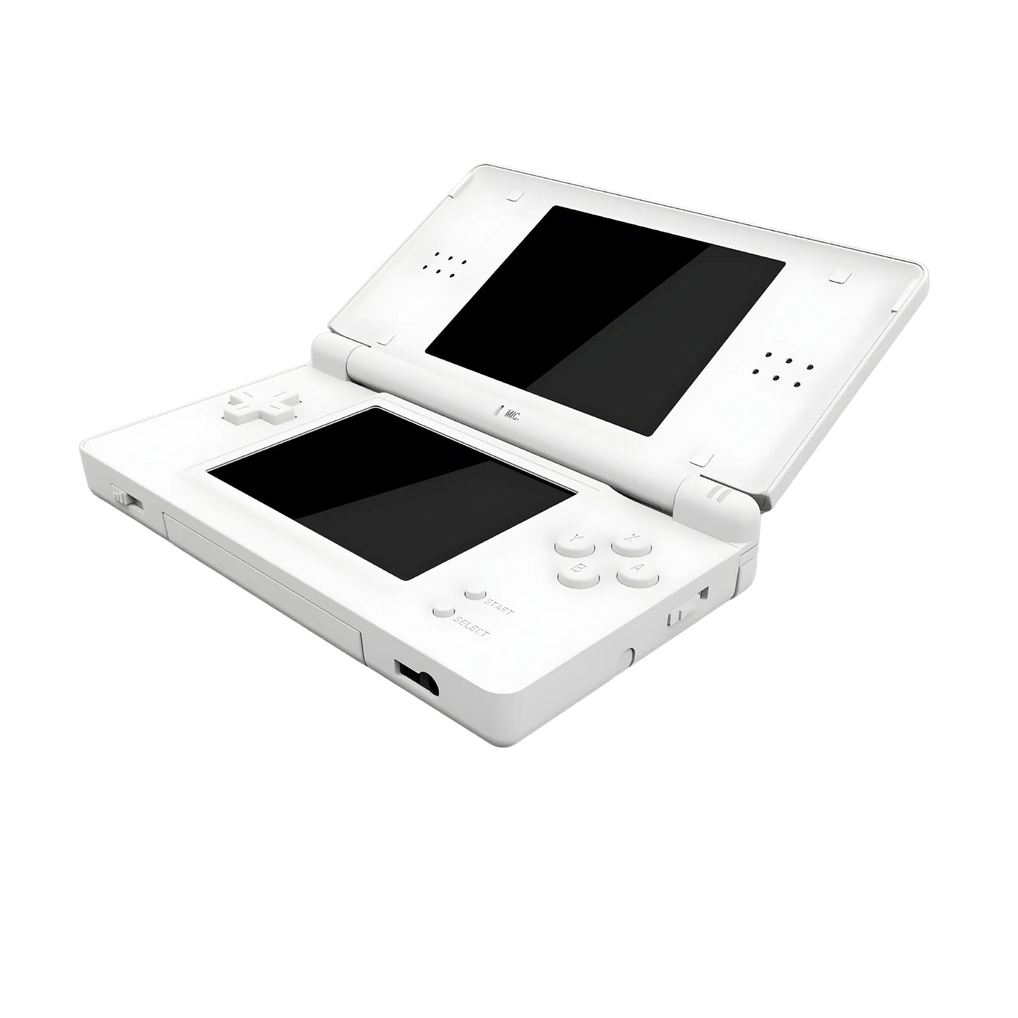 White Nintendo DS Lite console handheld gaming system featuring dual screens touch screen controls built in microphone wireless multiplayer compact foldable design backward compatibility with Game Boy Advance GBA games iconic Nintendo hardware portable gaming collectible gaming appeal