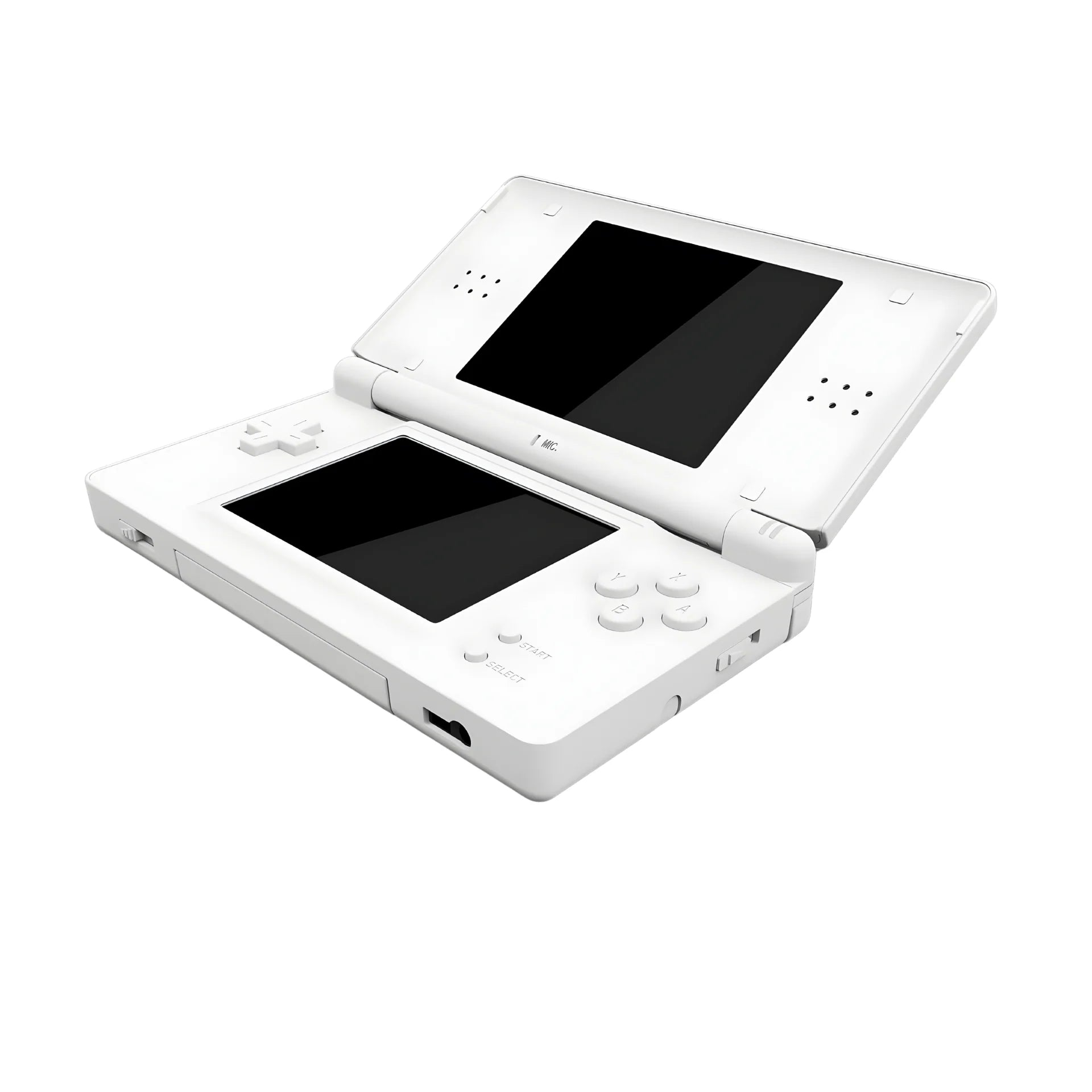 White Nintendo DS Lite console handheld gaming system featuring dual screens touch screen controls built in microphone wireless multiplayer compact foldable design backward compatibility with Game Boy Advance GBA games iconic Nintendo hardware portable gaming collectible gaming appeal