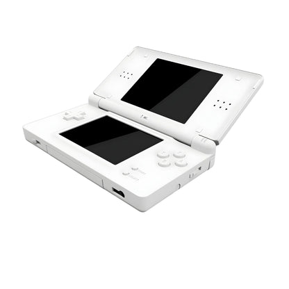 White Nintendo DS Lite console handheld gaming system featuring dual screens touch screen controls built in microphone wireless multiplayer compact foldable design backward compatibility with Game Boy Advance GBA games iconic Nintendo hardware portable gaming collectible gaming appeal