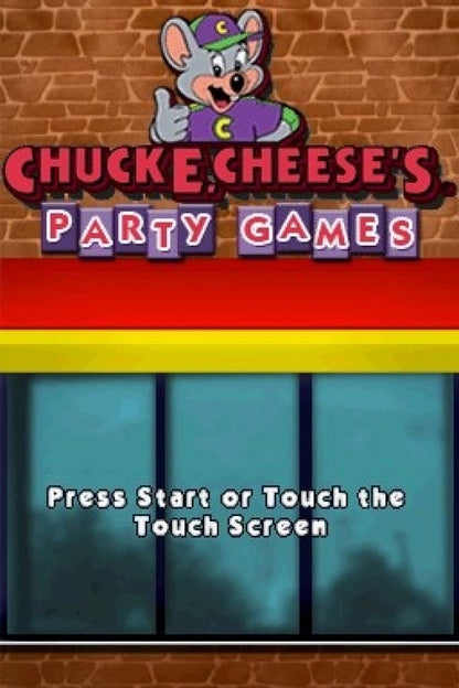 Chuck E Cheese’s Party Games for Nintendo DS, title screen for a party mini-game video game with arcade-style challenges, multiplayer gameplay, family-friendly activities, and casual fun
