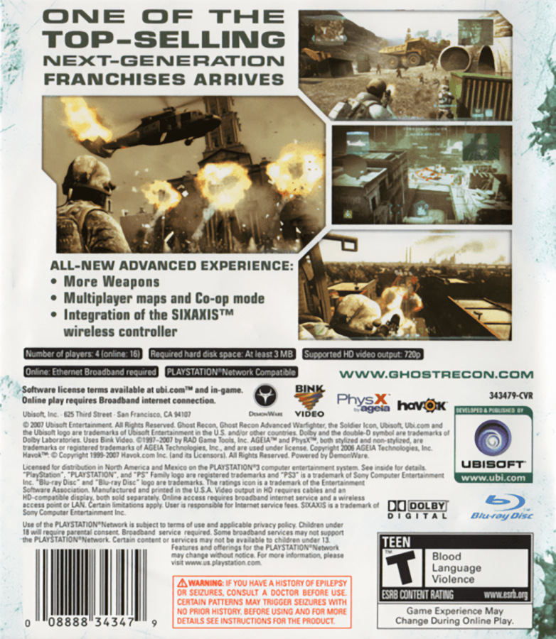 Tom Clancy's Ghost Recon: Advanced Warfighter 2 back cover art for PlayStation 3 (PS3) video game