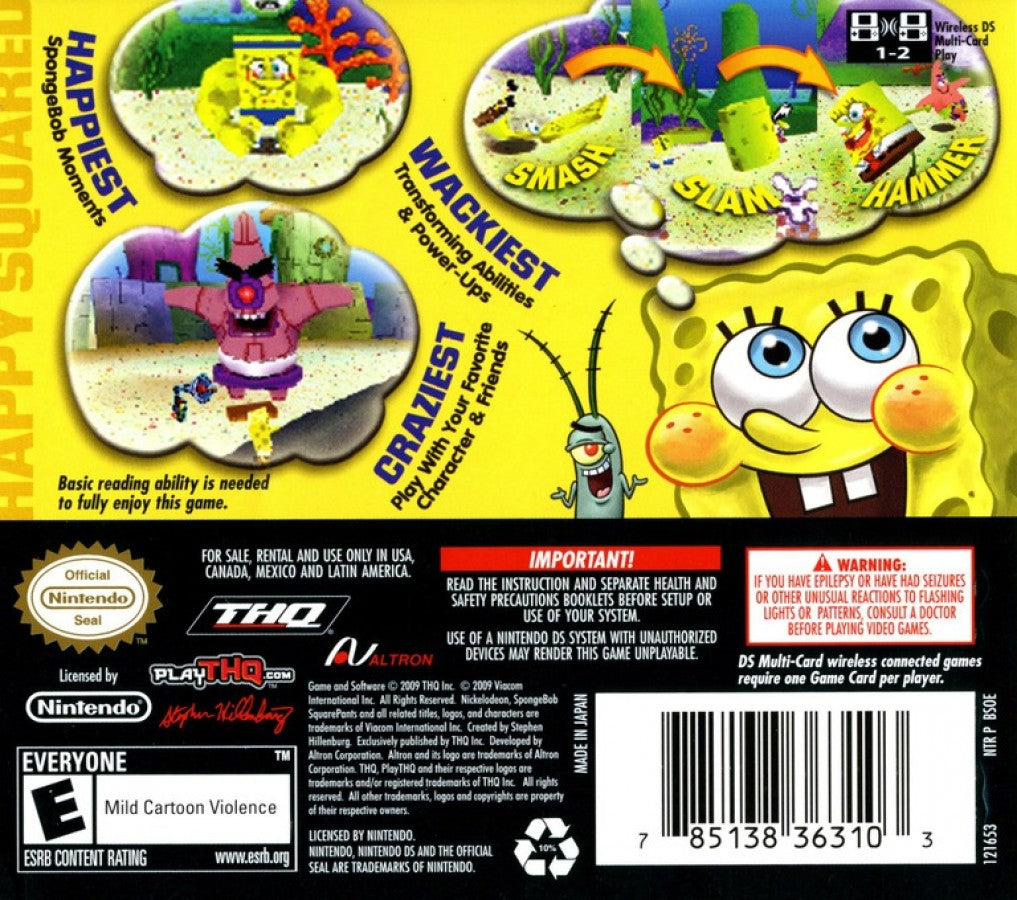 SpongeBob’s Truth or Square for Nintendo DS platformer video game featuring classic SpongeBob episodes themed levels puzzle platforming mini games cartoon humor and a family friendly underwater adventure experience back cover