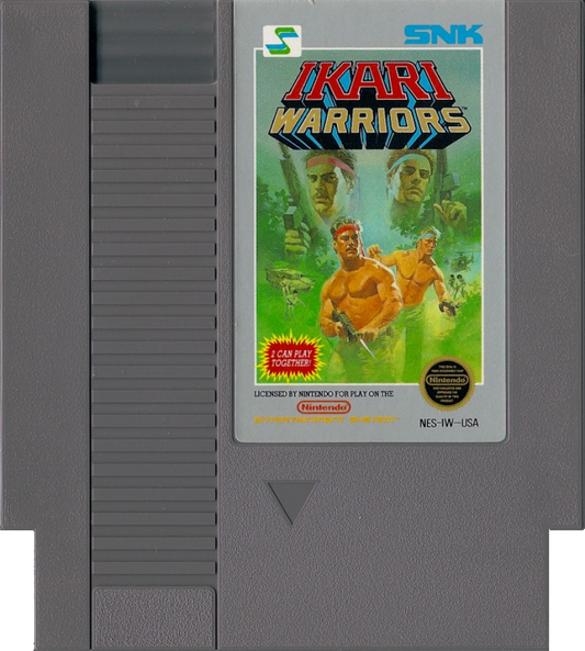 Ikari Warriors Nintendo Entertainment System NES video game featuring run and gun action gameplay military combat enemy soldiers weapon power ups jungle environments challenging missions and classic 8 bit arcade style action retro video game collection collectible gaming appeal game cartridge