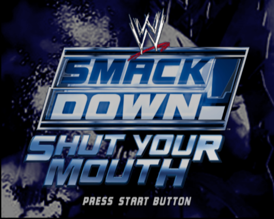 Retro WWE SmackDown Shut Your Mouth Greatest Hits PS2 inspired design featuring classic wrestling entertainment aesthetic vintage PlayStation 2 arena combat superstar roster grappling strikes entrances storyline mode sports entertainment chaos nostalgic WWE wrestling game presentation - title screen