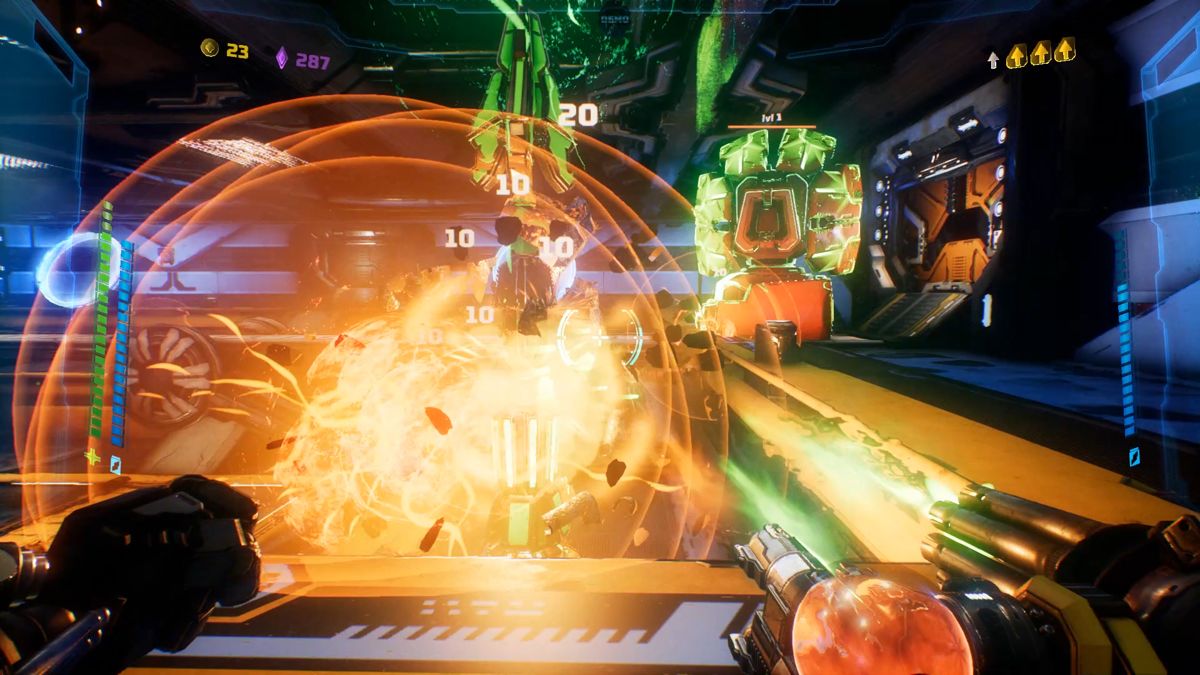 Mothergunship: gameplay for Xbox One (XONE) first-person shooter / bullet-hell video game.