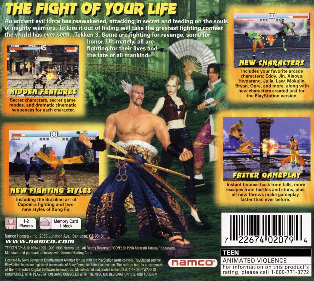 Tekken 3 Greatest Hits PlayStation PS1 for fighting video game fans featuring iconic Tekken characters 3D arena combat martial arts battles powerful combos special moves arcade mode versus matches and classic PlayStation PS1 gameplay collectible retro gaming appeal back cover art